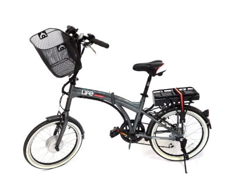 An Elife Infusion folding bicycle, with Shimano power assisted frame, basket and luggage shelf. 