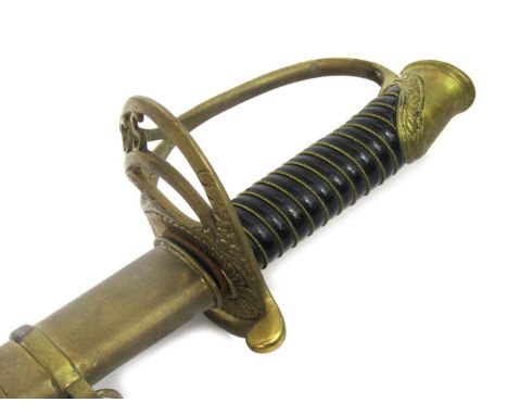 A replica Confederate States Army (CSA) officer's sword, with brass pommel decorated with leaves, with black leather hand gri