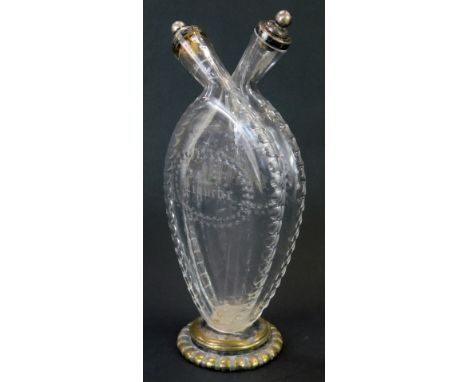 A Victorian etched glass and silver mounted gimmel flask, for brandy and liqueur, each section of teardrop form with plated s