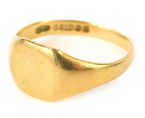 A 9ct gold signet ring, the square ring head of plain design on a plain band, Birmingham 1953, ring size R½, 3.6g all in. 