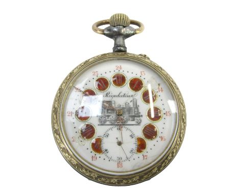 A French Regulatory Train watch, with a white enamel dial, Roman numerals in orange enamelled backing, with gold hands and se