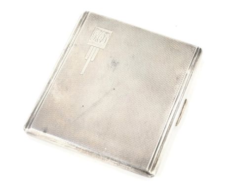 A George VI silver cigarette case, of rectangular form with engine turned decoration bearing the initials RAJ, internal inscr