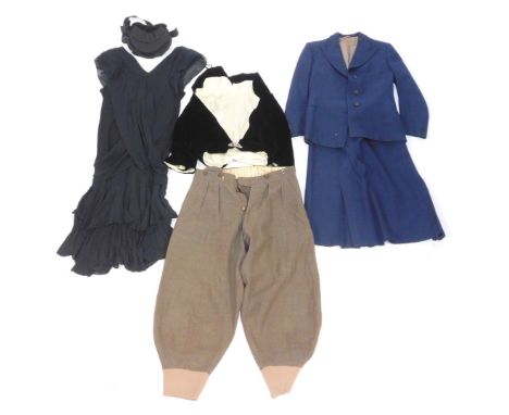 A group of vintage clothing, to include a 1940s lady's blue suit jacket and skirt set, Victorian black mourning bonnet, 1920s