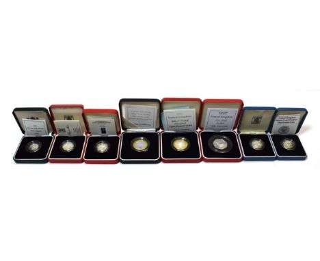 A Collection of 8 x UK Silver Proof Piedfort Coins comprising: 2 x £2: 1997 Rushin rev design, outer ring plated in fine gold