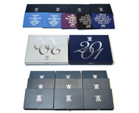 21 x UK Proof Sets: 1977 (x2), 1980, 1981, 1982, 1983 - 1988 inclusive, 1990, 1991 &amp; 1994 - 2001 inclusive, with certs, i