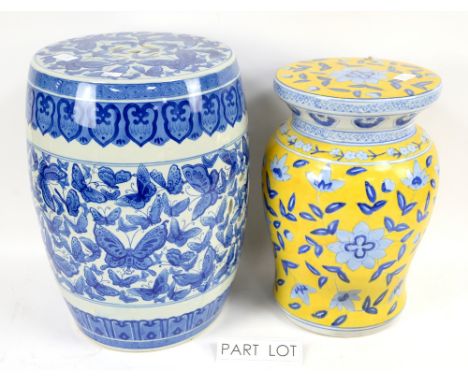 Blue and white ceramic garden stool and another in yellow and blue, a lamp, a pair of lamps .   
