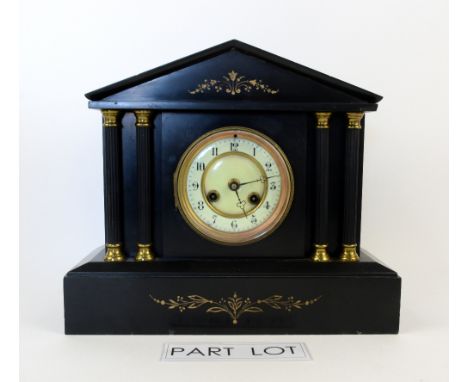 A polished slate mantel clock, a writing slope and other wooden items..   
