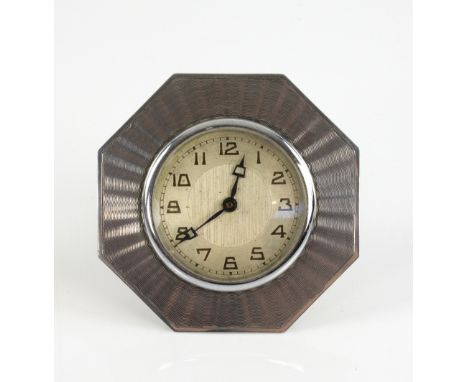 1930's silver clock, the octagonal case with wavy engine-turned decoration, by F H Adams &amp; Co, Birmingham 1931, 7.5 cm wi