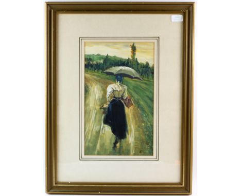 Portrait of Edwardian Woman with Umbrella, going to market.  Watercolour with bodycolour. Signed with monogram. 39cm x 23cm. 