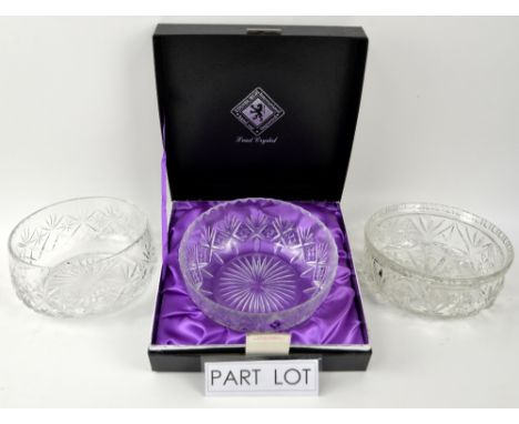 Collection of Webb, Edinburgh and other cut crystal bowls, decanters and vases, some in original boxes, and an I.W. Harper de