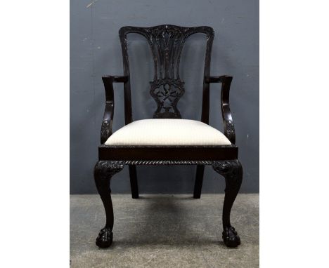 19th Century mahogany Chippendale style armchair with pierced slat back dropping seats on cabriole legs to ball and claw feet