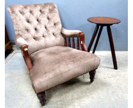 Mahogany button back armchair and an oak occasional table..   