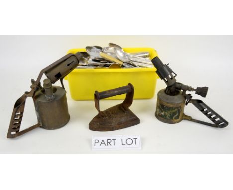 A quantity of silver plated flatware together with mixed tools and blowtorches. (qty).   