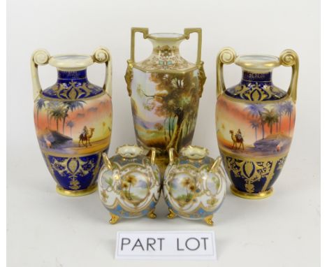 Pair of Noritake desert vases, pair of Noritake jewelled vases, two other Noritake vases and a landscape pattern coffee set..
