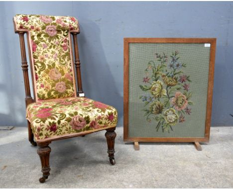 19th century walnut prie dieu, two nursing chairs and fire screen .   