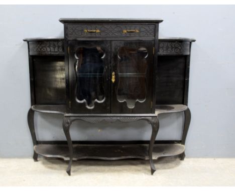 Oak sideboard, oak wall shelf and a ebonized display cabinet .   