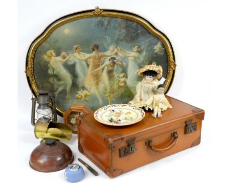 Print on canvas dancing maidens in ornate oval frame, a vintage suitcase with Ronson lighters, a trench art shell case, coppe