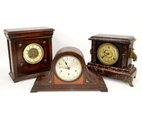 Early 20th century three train mantel clock and two other two train mantel clocks.   