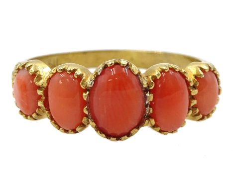 Silver-gilt five stone graduating coral ring, stamped SilCondition Report:Size O-P, good condition 