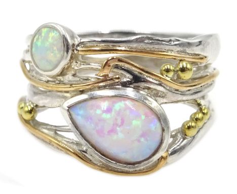 Silver and 14ct gold wire opal ring, stamped 925Condition Report:Size O-P, max depth = 15mm, good condition