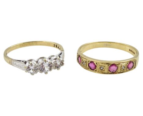 Gold ruby and diamond chip half eternity ring and a gold three stone cubic zirconia ring, both 9ctCondition Report:Approx 4.2