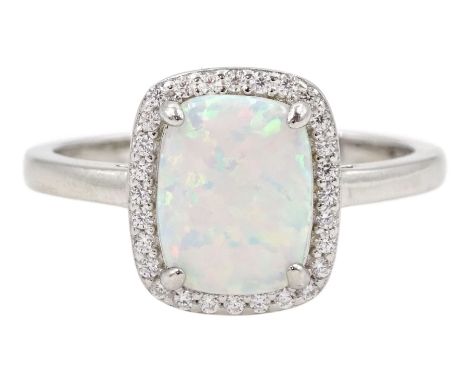 Silver rectangular opal and cubic zirconia cluster ring, stamped 925 Condition Report:Size Q, good condition 