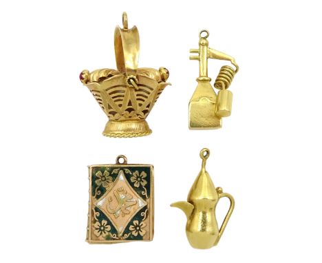 Three 18ct gold pendant/charms including pearl basket, hookah and Middle Eastern jug and a 12ct gold bookCondition Report:18c