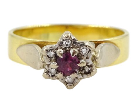 18ct gold ruby and diamond chip cluster ring, London 1974Condition Report:Approx 4.2gm, size L-M, 7.5mm
