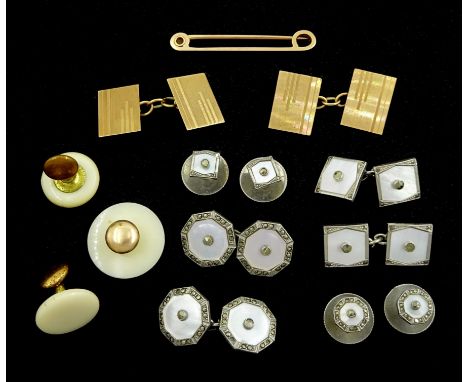 Pair of 9ct gold engine turned cufflinks, 9ct gold bar brooch and pairs marcasite and mother of pearl cufflinks and shirt stu