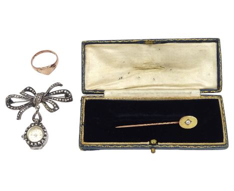 Early 20th century 9ct rose gold shield ring, London 1919, gold diamond stick pin, boxed and a later silver marcasite fob wat