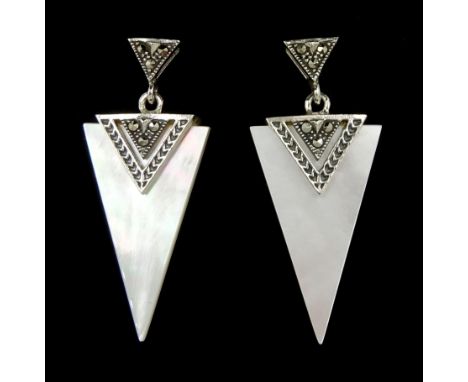 Pair of silver mother of pearl and marcasite triangle pendant earrings, stamped 925 Condition Report:Length = 38mm, good cond