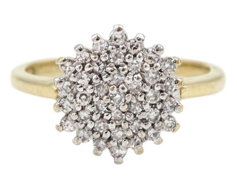 9ct gold diamond cluster ringCondition Report:Approx 2.5gm, size K, tested 9ct (hallmarks rubbed), head diameter = 11mm, diam