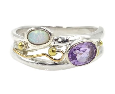 Silver and 14ct gold wire amethyst and opal ring, stamped 925Condition Report:Size L, good condition 