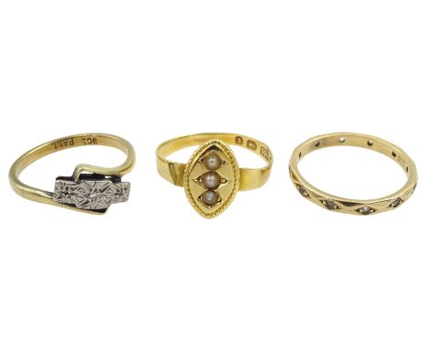 Victorian 15ct gold seed pearl marquise shaped ring, Birmingham 1877, gold diamond chip ring and a gold paste ring, both stam