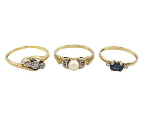 Gold three stone diamond ring, stamped 18ct, gold pearl and diamond chip ring and a gold three stone sapphire and diamond rin