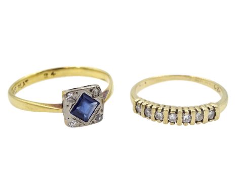 Art Deco gold and platinum diamond and synthetic sapphire ring stamped 18ct Plat and a 9ct gold seven stone diamond ring, tot