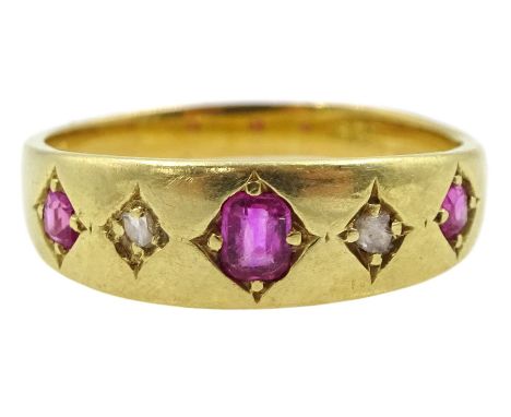 Victorian 18ct gold five stone gypsy set ruby and diamond ring, Birmingham 1878Condition Report:Approx 2.8gm, size K, stamped