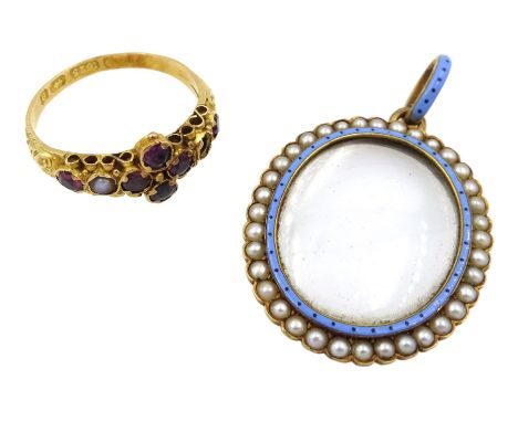 Early 20th century gold enamel and seed pearl glazed oval frame pendant and a Victorian 15ct gold amethyst and grey pearl rin