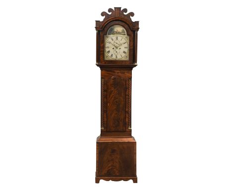 A Mahogany Eight Day Longcase Clock, early 19th century, scroll crested pediment, flame veneered trunk door, 12-inch arch pai