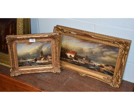Leopold Kleyn (20th century)Frozen river landscape with skating figures Signed, oil on panel, together with a companion by th