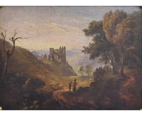 Circle of Anthony Vandyke Copley Fielding (1787-1855)Travellers in a wooded landscape with cattle beyondOil on panel, 12cm by