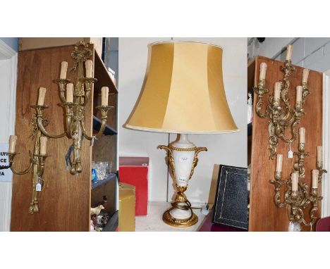A Pair of Chelsom Wall Lights, Two Others and An Alabaster and Gilt Metal Table Lamp