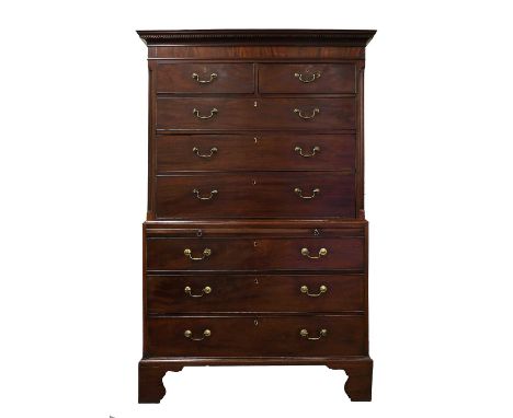 A George III Mahogany Chest on Chest, late 18th century, the dentil cornice above a plain frieze and two short over three lon