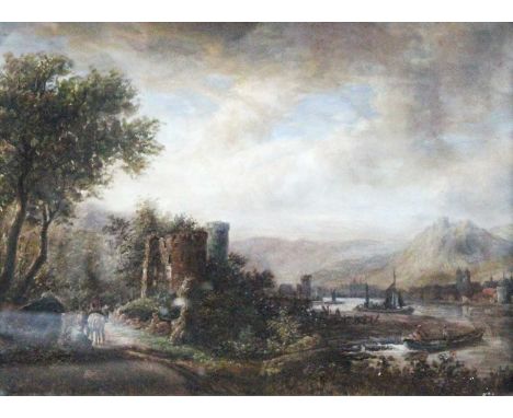 Manner of Nicolaes Berchem (1620-1683) DutchTravellers before ruined tower with lakeland city beyondOil on panel, 29cm by 39c