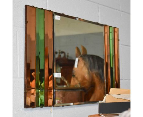 An Art Deco Tinted Rectangular MirrorThe bottom of the central piece of glass has damage where the clips sit. Some marks to t