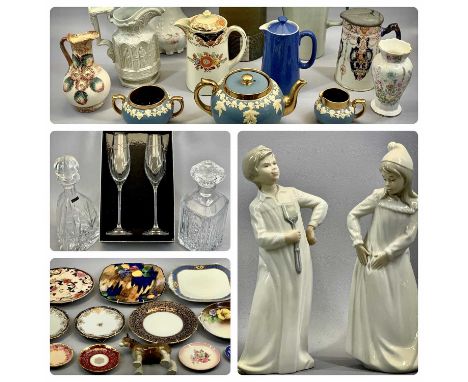 NAO FIGURINES, children in night clothes, a pair, 30cms H, 2 x glass decanters and stoppers, Sadler three-piece teaset, and o