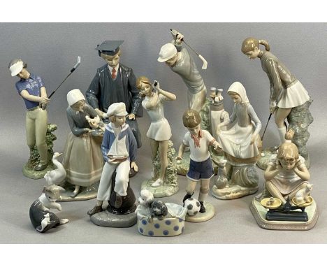 VARIOUS LLADRO / NAO FIGURES x 12, including golfers, figures with animals ETC, 4 x with boxes, 28cms H (the tallest)