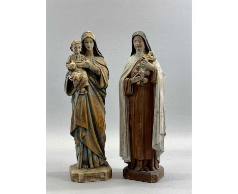 P J DAPRE 1940 BETHLEHEM OLIVE WOOD FIGURES, A PAIR, Madonna with child and another similar, both signed and dated on reverse