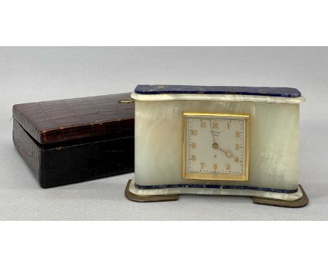 ASPREY OF LONDON FINE QUALITY ALABASTER &amp; BLUE MARBLE MANTEL CLOCK, square silvered dial, signed 'Asprey ImHof' with rais