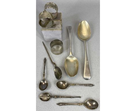 HALLMARKED SILVER SPOONS &amp; NAPKINS RINGS GROUP - 10 items, to include 2 x tablespoons, George III example London 1812, in